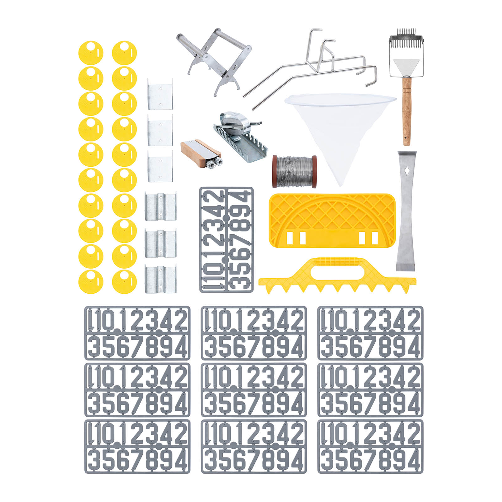 Kit de apicultura - 45 piezas - cincel de colmena - alambre de panal - tensor - correa para transporte - cifras - soporte para cubo - desoperculador